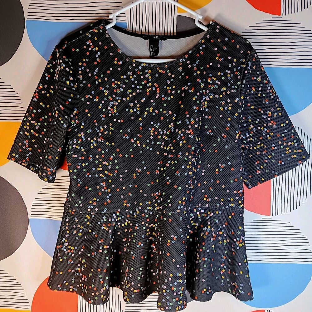 H&M Polka Dot Black Rainbow Confetti Peplum Ruffle Shirt Top Retro Cute Sz Large